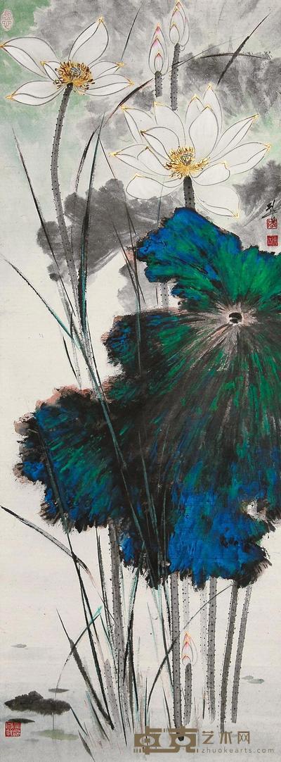 李行百 浓彩白荷 立轴 108×44cm