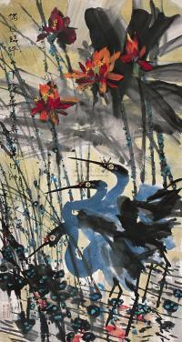黄永玉 1983年作 红荷鹭鸶 立轴