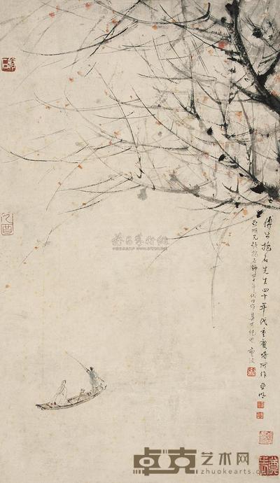 傅抱石 1945年作 泛舟图 立轴 64×37.5cm