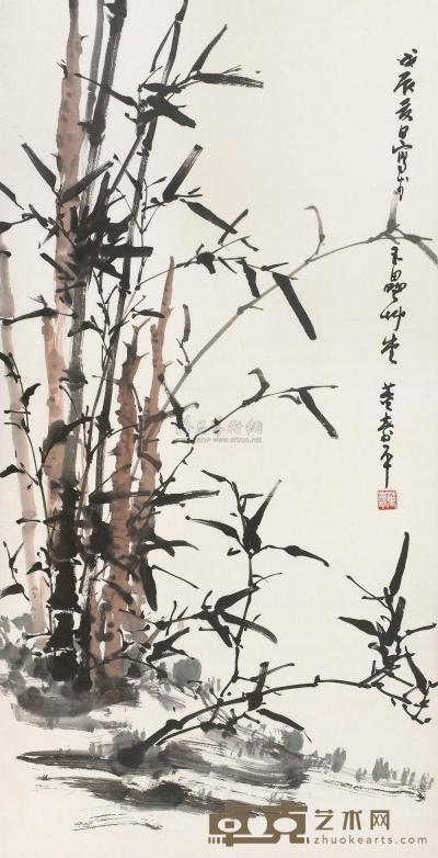 董寿平 1988年作 竹石图 镜框 133.5×68cm