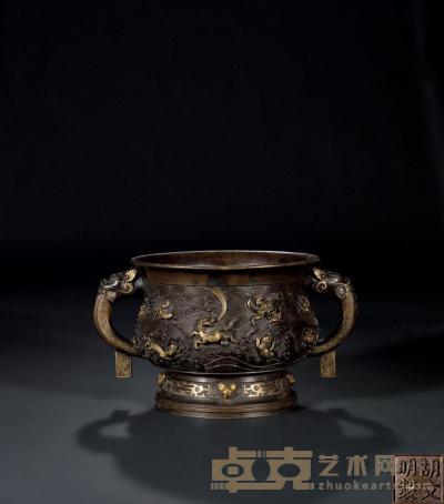 清早期 铜鎏金雕海兽纹簋式炉 直径17.3cm