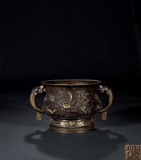 清早期 铜鎏金雕海兽纹簋式炉