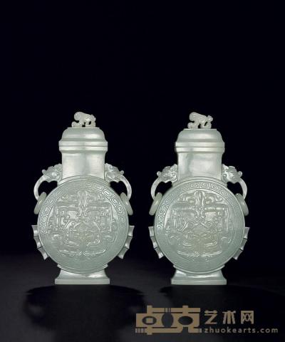 清晚期 青玉雕螭龙纹盖瓶 （一对） 高17cm