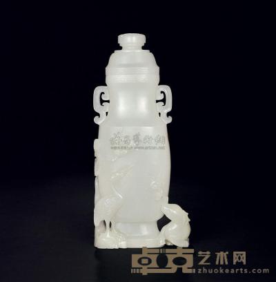 清中期 白玉雕“鹤鹿同寿”盖瓶 高17.5cm