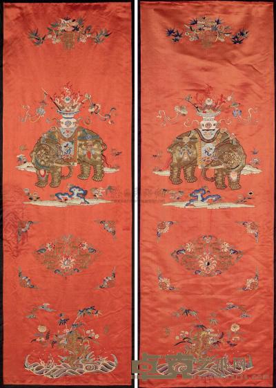 清 红地织锦盘金绣“太平有象”纹椅披 （一对） 165×70cm×2