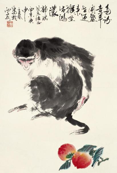 王西京 庚申(1980年)作 灵猴寿桃 镜心