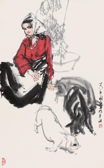 史国良 1981年作 饲猪图 镜心