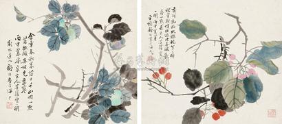 舒浩 1956年作 花果两帧 立轴