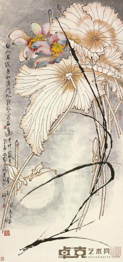 郑乃珖 1987年作 白莲 镜框 124×58cm