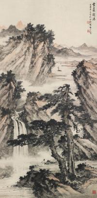 黄君璧 1945年作 云岩观瀑 立轴
