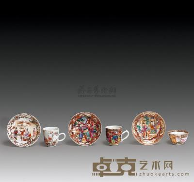 清雍正/乾隆 广彩人物纹杯 （三组六件） 杯托直径12cm