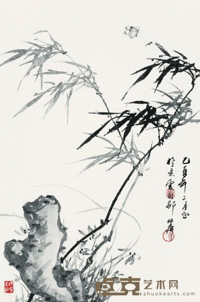 卢坤峰 2005年作 竹，石，蝶 镜片 65×44cm