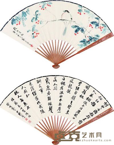 江寒汀 陆平恕 1950/1983年作 花鸟 书法 成扇 18×48cm×2