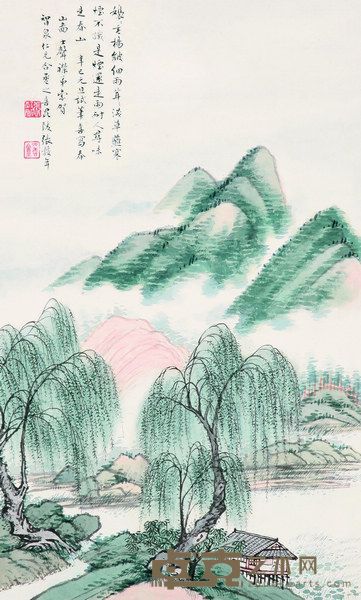 张谷年 1941年作 袅袅垂杨皴细雨 立轴 46×28cm
