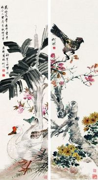 何煜 花鸟 对屏