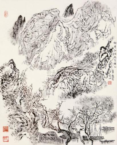 张仃 辛酉（1981年）作 焦墨山水 镜心