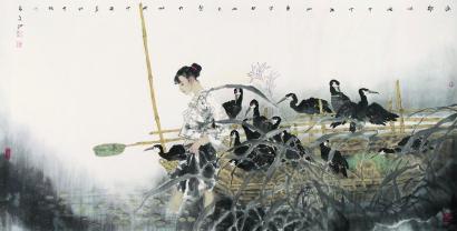 于文江 甲申（2004年）作 渔歌唱晚 镜心