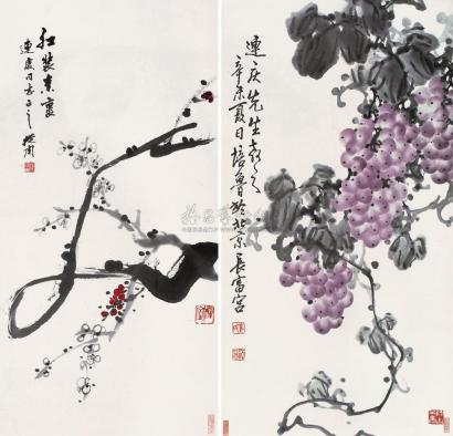 崔培鲁 陈丛周 辛未（1991年）作 葡萄、红妆素裹 立轴