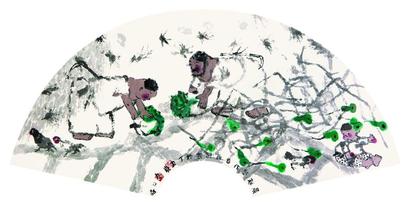 聂鸥 丁丑（1997年）作 晨起劳作图 扇面