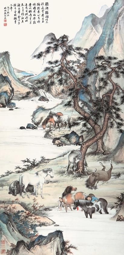 殷梓湘 八骏图 立轴