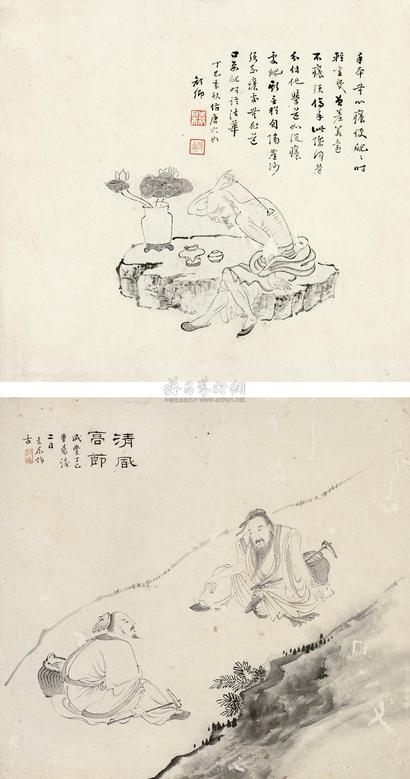 袁颜卿 丁巳（1857年）作 人物小品 （二帧） 扇面