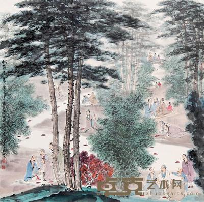 傅瑜明 松荫雅集图 镜心 67.5×68cm