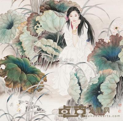 王美芳 荷花少女图 立轴 90×91cm