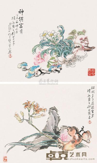 钱慧安 神仙富贵 (两幅) 立轴 28×34cm×2