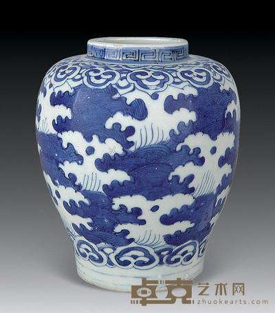 明 青花海水纹罐 高14.8cm