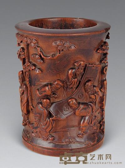 清 黄杨木刻人物笔筒 高12.2cm