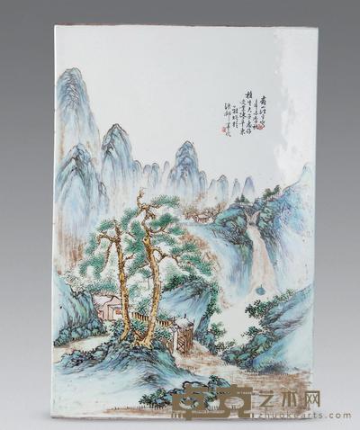民国 汪野亭绘浅绛彩山水瓷板 39×26cm