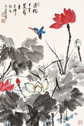 焦可群 荷花翠鸟 立轴