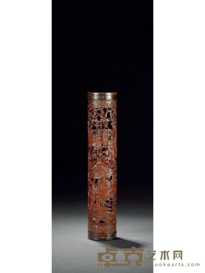 清·群賢雅集竹雕香筒 高：19cm 口徑：3.9cm