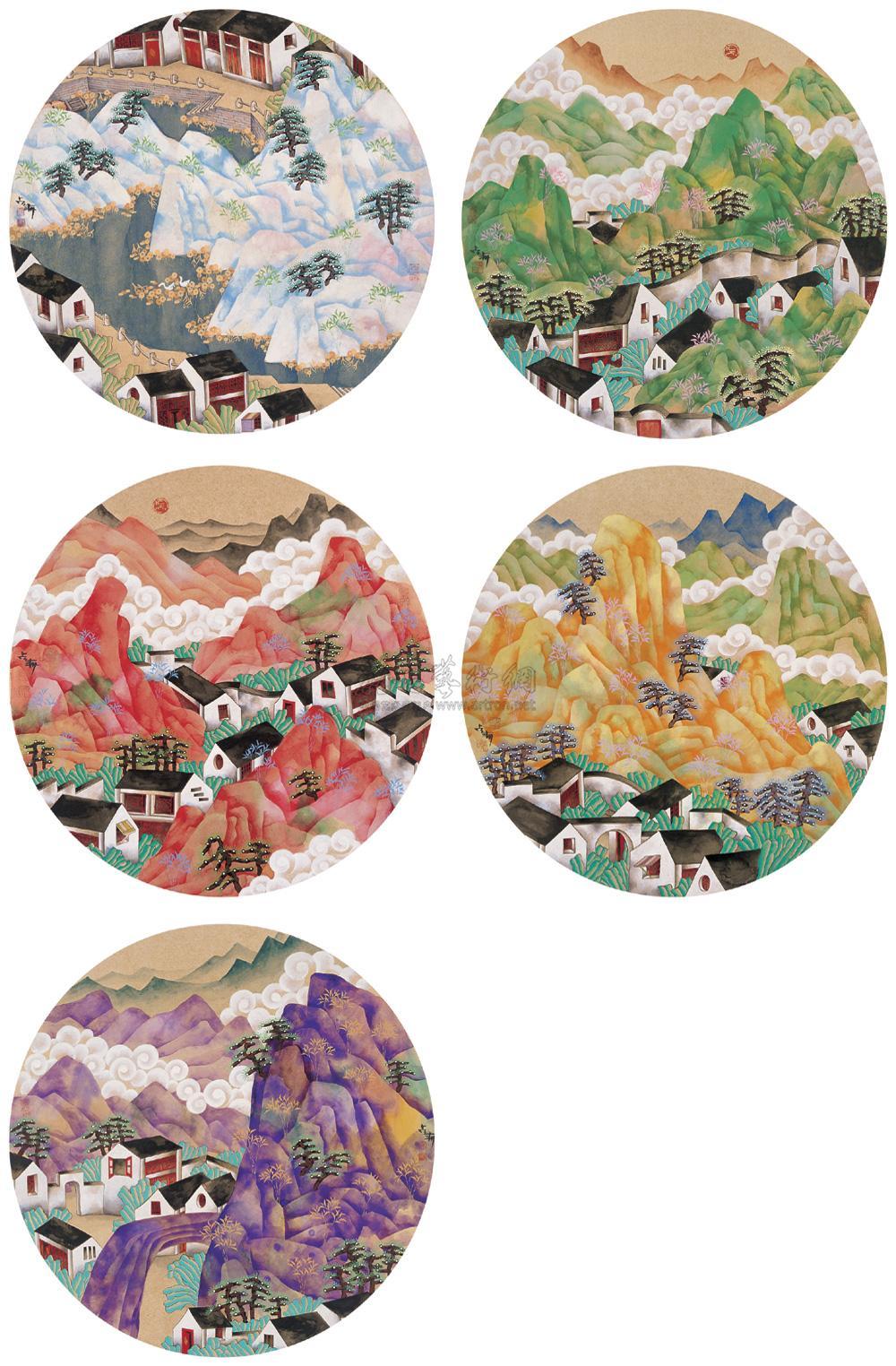 吴占春 2010年作 山水 (五帧) 镜框 直径44cm×5