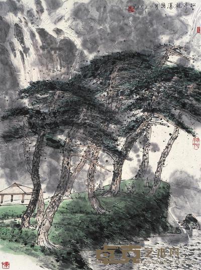 张仁芝 1990年作 松亭观瀑 镜框 89×67cm