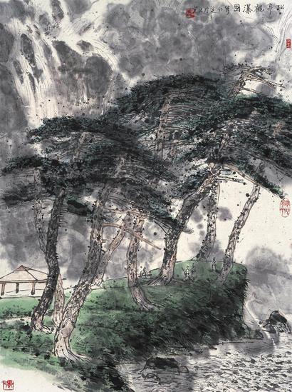 张仁芝 1990年作 松亭观瀑 镜框