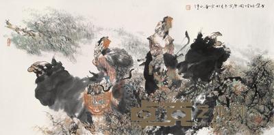 胡正伟 2010年作 戈壁狩猎图 镜框 68×136cm