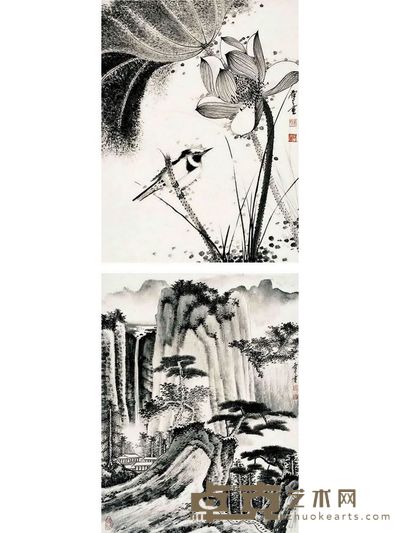 荷香图·飞瀑图 45×34cm×2