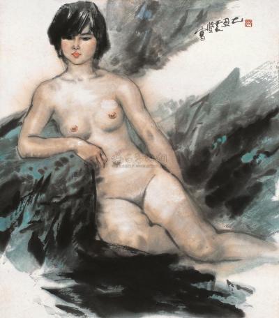 李震坚 乙丑（1985年）作 坐着的少女 镜心