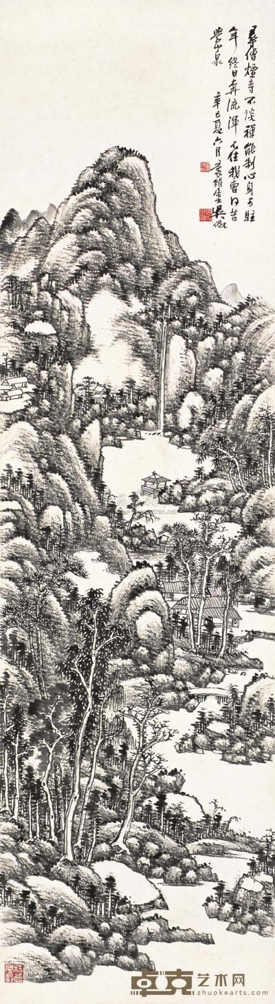 吴待秋 辛巳（1941年）作 山水 立轴 145.5×40cm