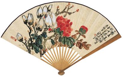 赵云壑 吴待秋 辛巳（1941年）作 花卉书法 成扇