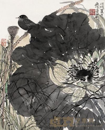 程十发 戊戌（1958年）作 西湖荷鸟 镜片 51×42cm