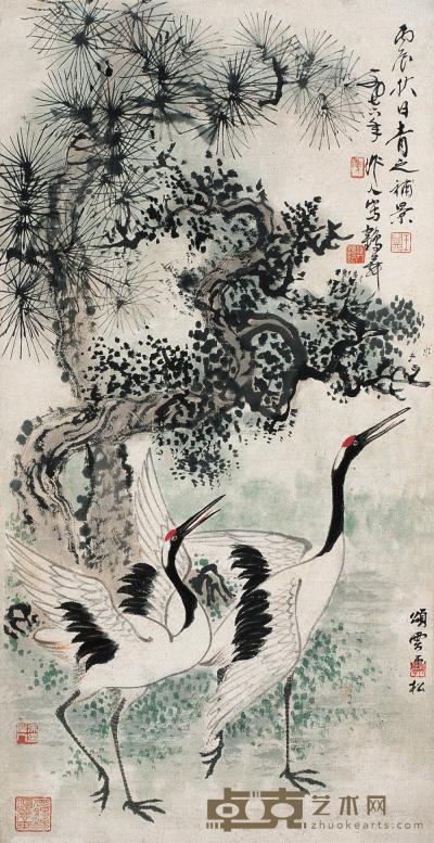吴作人 等 丙寅（1986年）作 松鹤图 镜框 66×34cm