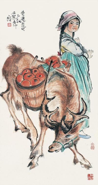 程十发 壬寅（1962年）作 少女与鹿 镜框