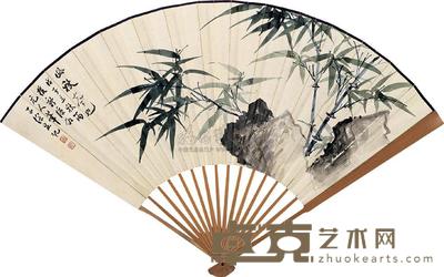 吴子深 戊子(1948)年作 竹石图 成扇 18.5×49cm
