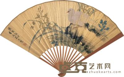 花元 庚寅(1950)年作 白鸽双蜂 成扇 18×48cm