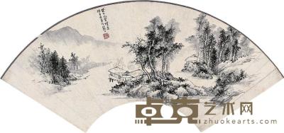 江寒汀 癸巳(1953)年作 溪山幽居 扇片 19×53cm