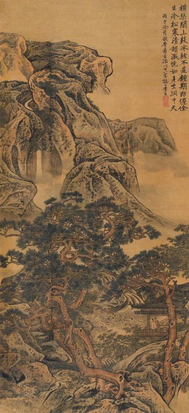 李寅 丙子（1696）年作 水阁琴瑟 立轴