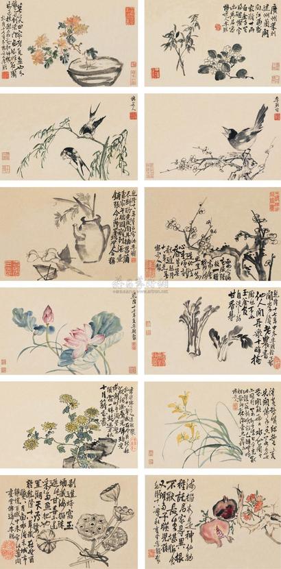 李鱓 乾隆17年(1752）年作、癸酉(1753）年作 清韵册 册页 （十二开）
