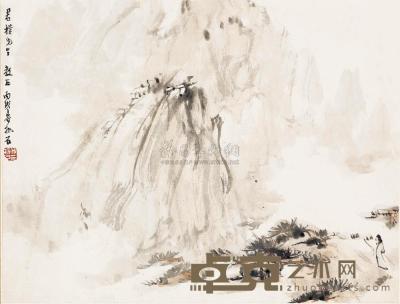 傅抱石 丙戌（1946年）作 策杖行旅 镜片 28×37cm